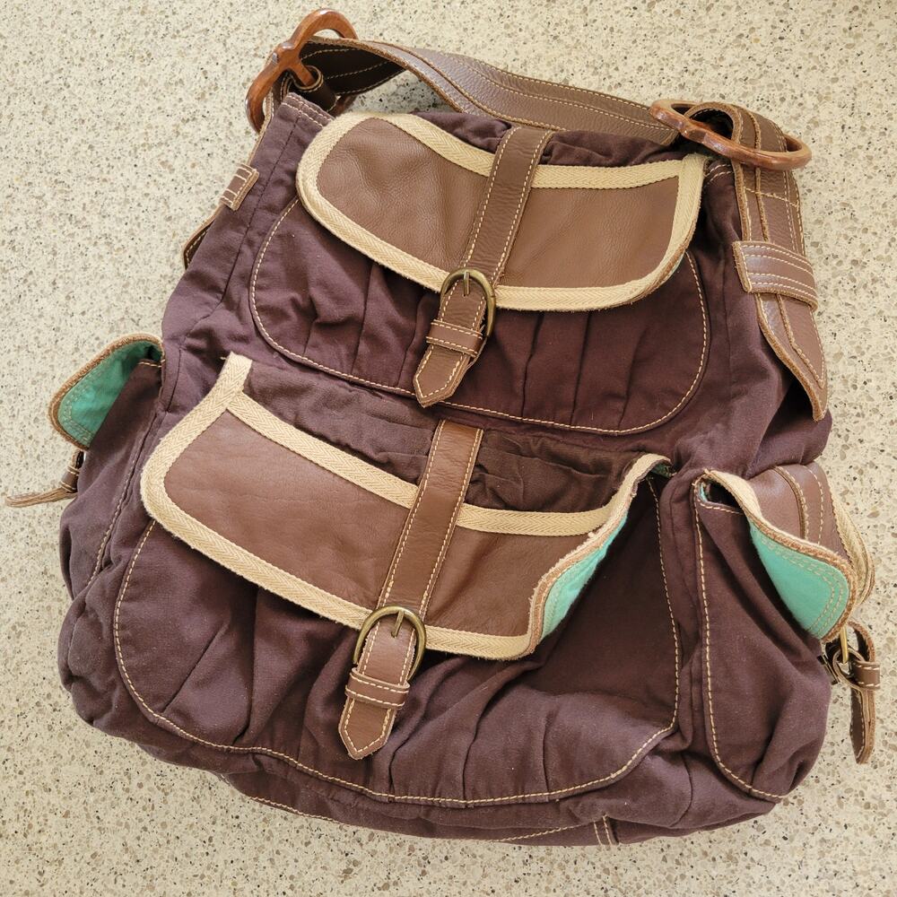 VTG GAP Y2K Canvas Brown Wood Top Handle Flap Pocket Messenger Bag Satchel Tote